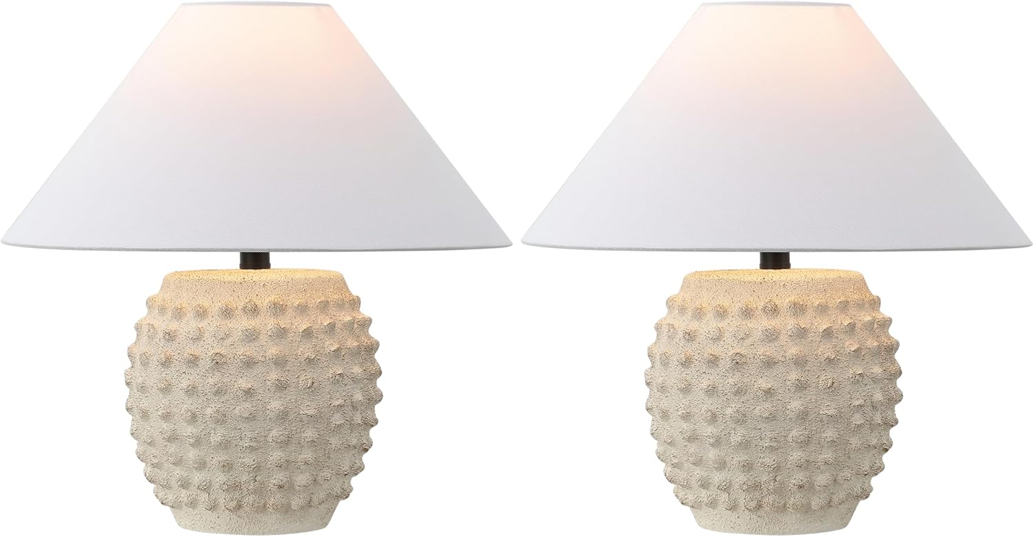 JONATHAN Y 18.25' Matte Cream Ceramic Hobnail Table Lamp Set of 2 for Bedroom, Modern Minimalist Farmhouse Bedside Nightstand Lamps, White Linen Shade, LED Bulbs Included (JYL5601B-SET2)