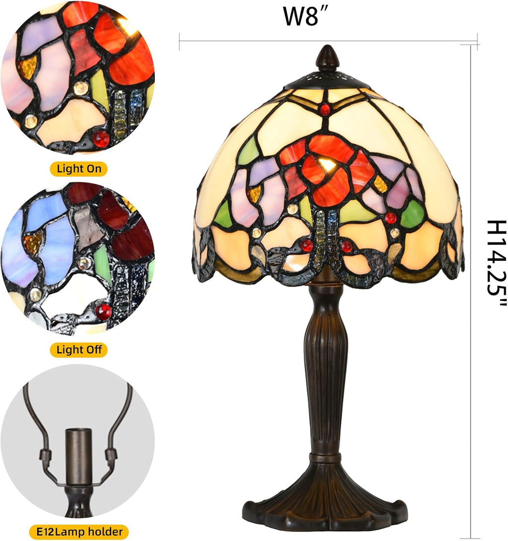 TL0010 Small Tiffany Lamp Rose Flowers Design Stained Glass Table Lamp 8' D x 14.25' H for Living Room Bedroom Bedside Nightstand Home Office, LED Buld Included (Rose Flower)