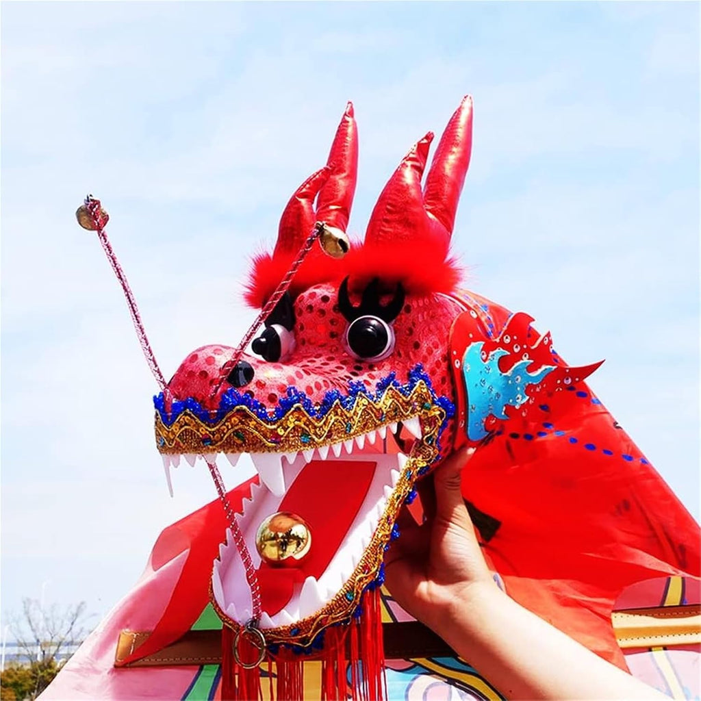 OVARIA Dragon Dance Fitness Ribbon 3D Dragon Head and Swing Rope Combo Chinese Wulong Flowy Ribbon Streamer Outdoor Fitness Dragon Stage Prop Set(Red,33ft)