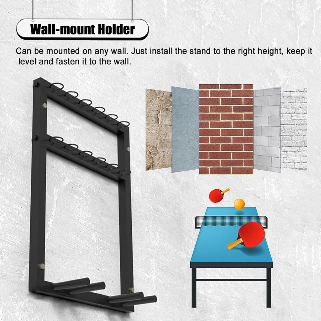 Ping Pong Paddles Holder Wall-Mount, Metal Table Tennis Storage Rack for Game Room/Garage/Gym - Holds 12 Balls & 6 Paddles, Space Saving Display Stand Holder Shelf Sport Equipment Organizer