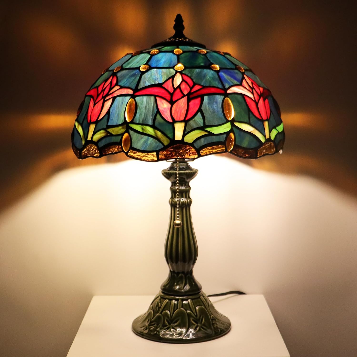 Tiffany Lamp Stained Glass Table Lamps Red Blue Tulips Style Desk Lamp 12X12X18.5 Inch Bronze Ceramic Base Reading Light Suitable for Bedside Bedroom Living Room Dining Room Office