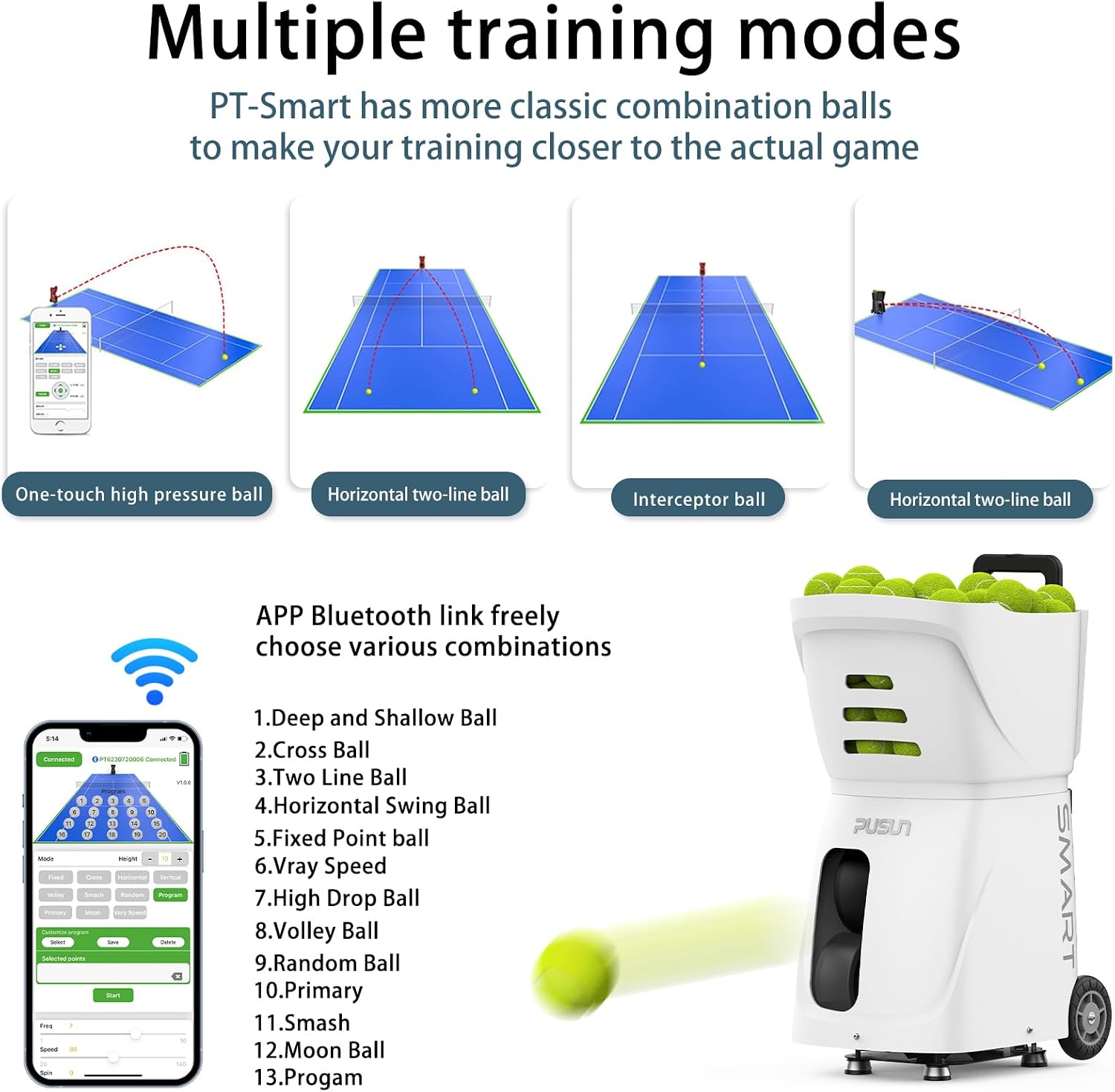 PT-SMART Tennis Ball Machine - Smart App for Apple Watch & Phone Control, Tennis Ball Launcher with 20 Landing Points, 12 Training Modes & 4-6h Battery Life, Tennis Serving Machine