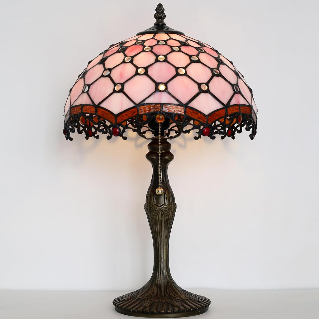 Tiffany Lamp Stained Glass Table Lamp 12 x 19' Pink Beads Style Bedside Reading Lamp Decorative Light for Desk Living Room Bedroom Office Study Light Home Decor Gift