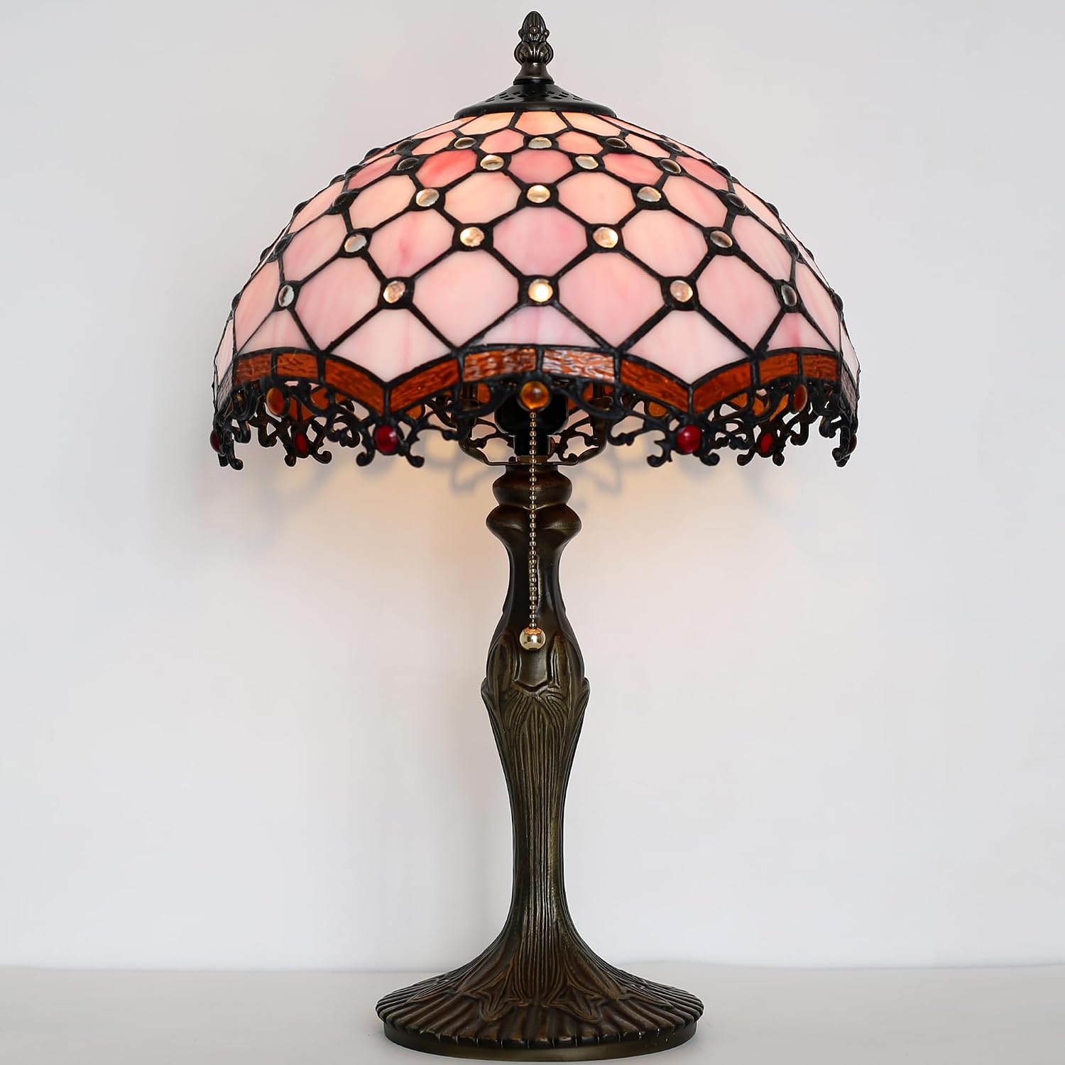 Tiffany Lamp Stained Glass Table Lamp 12 x 19' Pink Beads Style Bedside Reading Lamp Decorative Light for Desk Living Room Bedroom Office Study Light Home Decor Gift