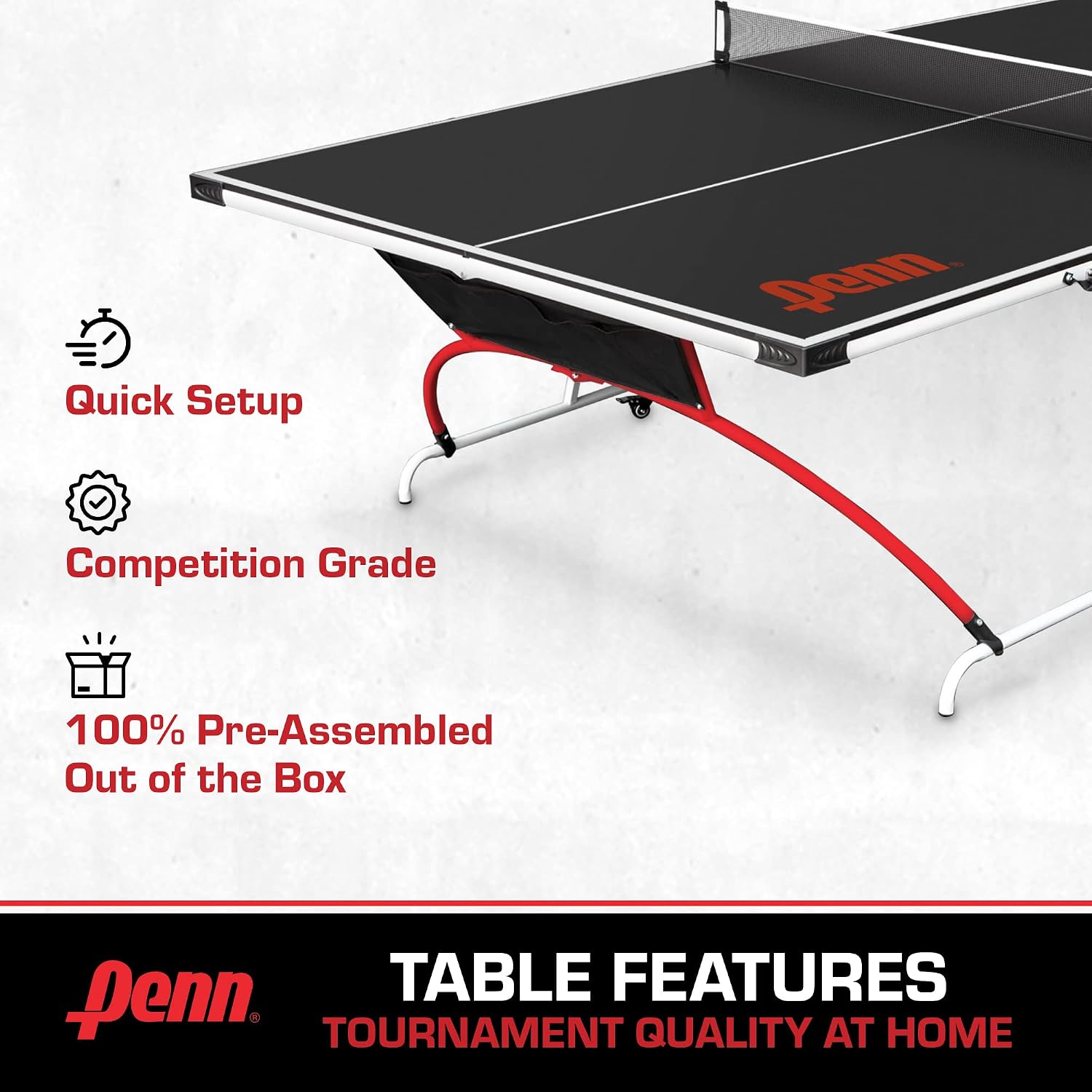 Penn Full-Size Ping Pong Table - Engineered Wood, Black/White/Red - Foldable Design for Portable Ping Pong Play - 15mm Laminated Surface for Precision Play - Table Tennis Set 40mm Balls & Paddles