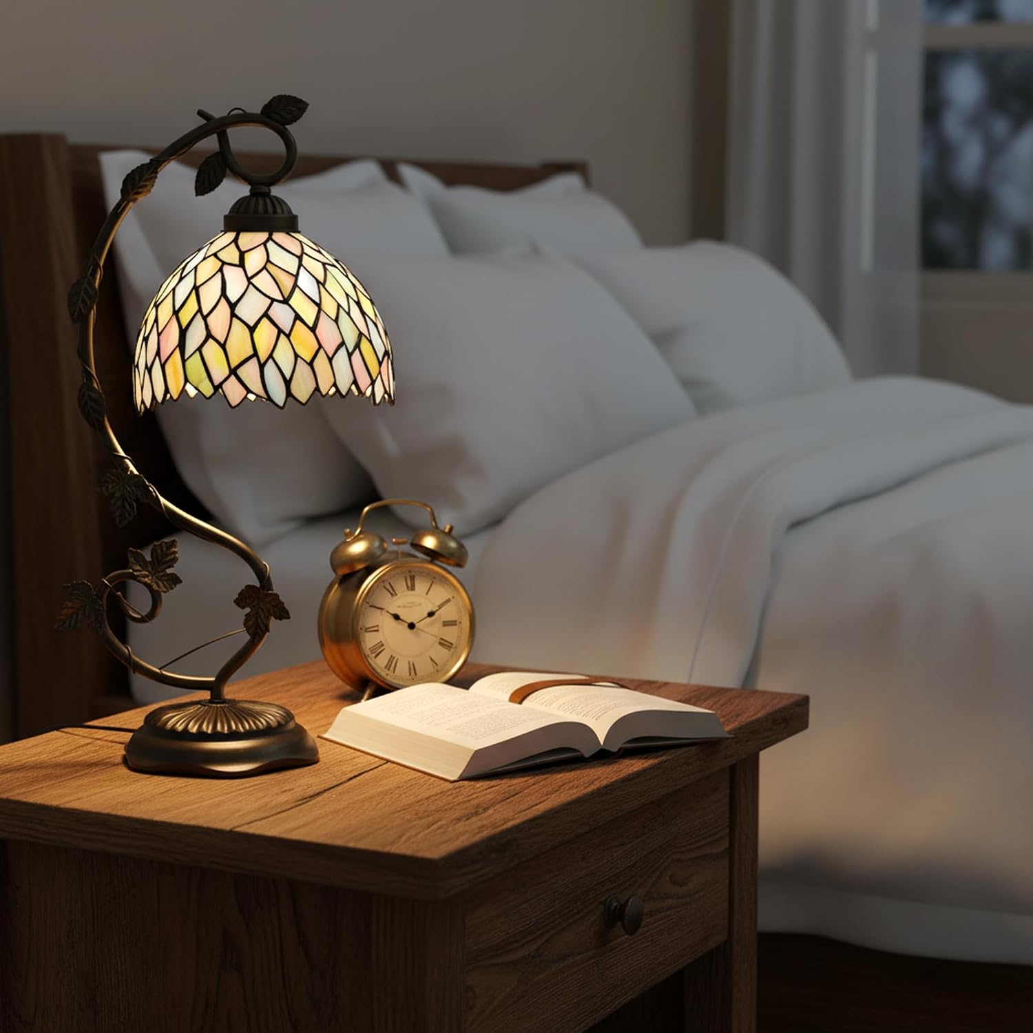 Tiffany Table Lamp, Stained Glass Desk Reading Light,Metal Leaf Table Lamp Base 8X10X21 Inches (Seven Color Wisteria)