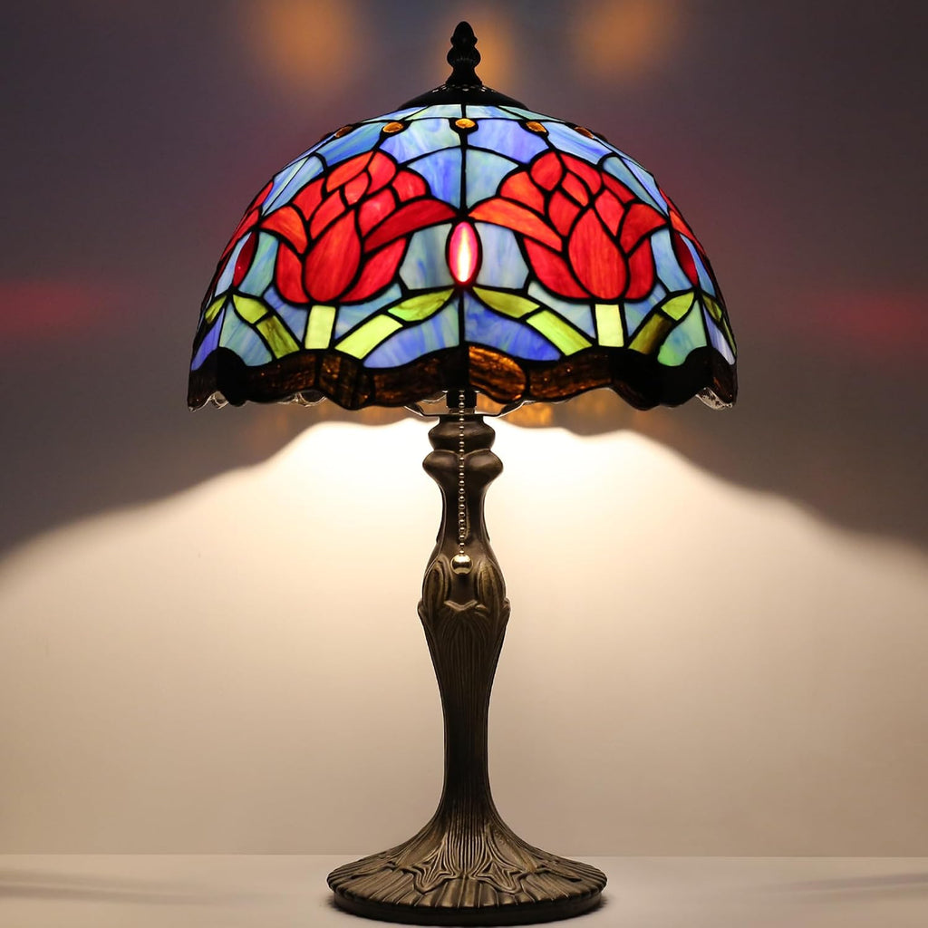 Tiffany Lamp Stained Glass Table Lamp 12' x 19' Red Tulips Style Bedside Reading Lamp Decorative Lamp for Desk Living Room Bedroom Office Study Light Home Decor Gift