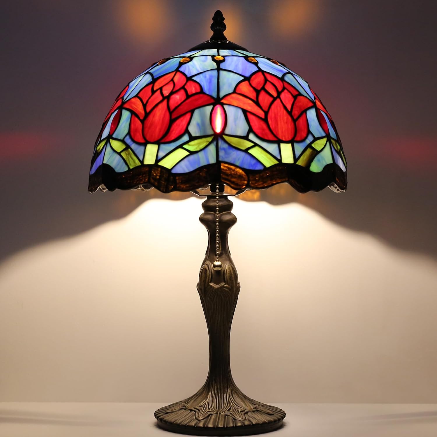Tiffany Lamp Stained Glass Table Lamp 12' x 19' Red Tulips Style Bedside Reading Lamp Decorative Lamp for Desk Living Room Bedroom Office Study Light Home Decor Gift