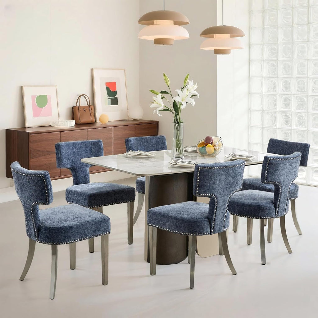 Dining Chair Set of 6 Linen Fabric Curved Backrest Farmhouse Mid Century Accent Upholstered Kitchen Chairs with Silver Legs and Foot Pad for Dining Room/Living Room/Restaurant,Blue