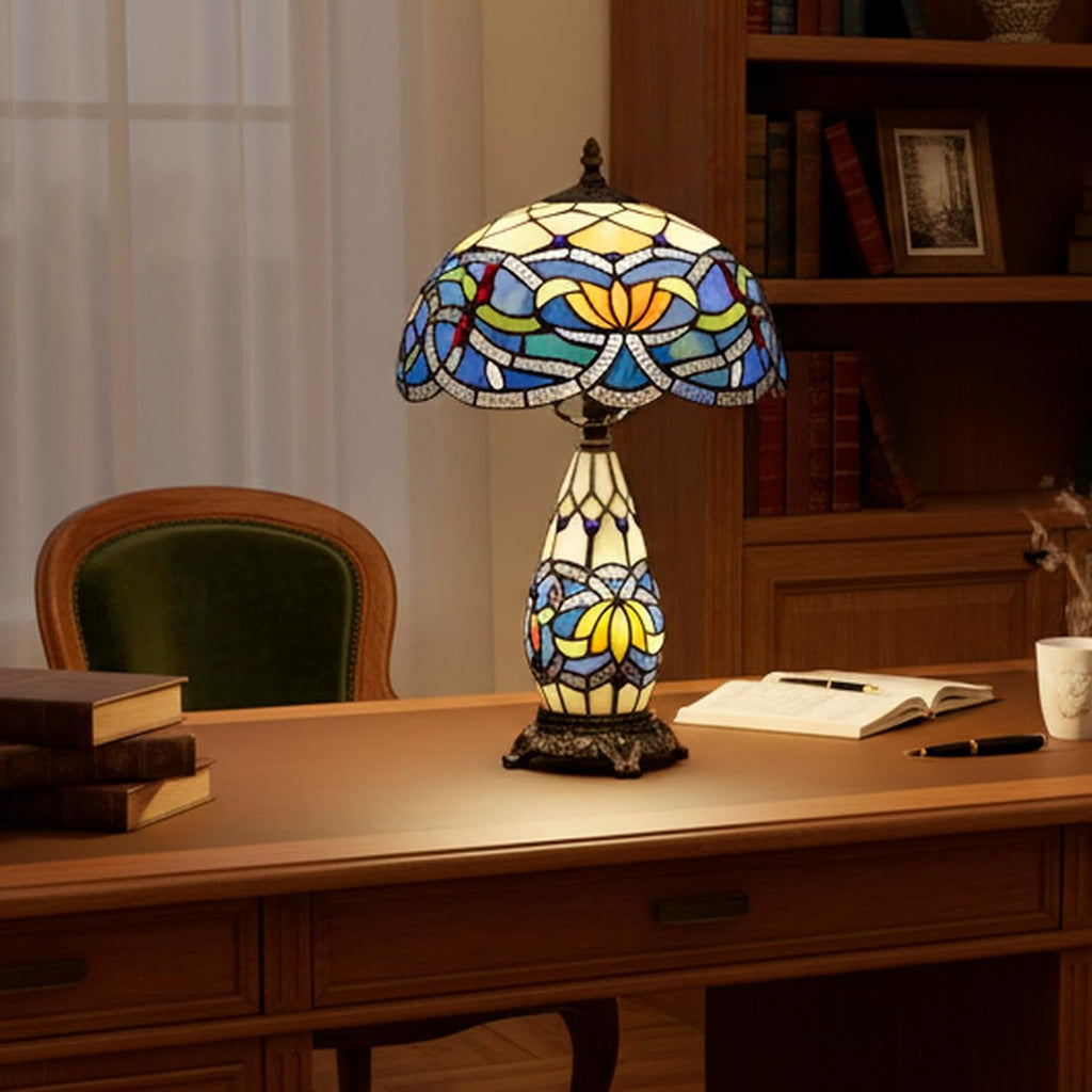 Tiffany Lamp Stained Glass Table Lamp 12X19 Inches Mother Daughter Vase Desk Accent Night Light for Bedroom Bedside Reading Home Antique Style (Blue Lotus)