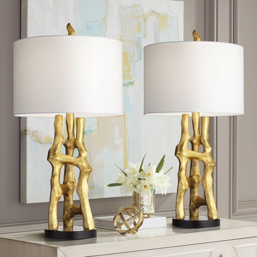 Possini Euro Design Organic Modern Table Lamps 29' Tall Set of 2 Sculptural Gold Bamboo Sculpture White Fabric Drum Shade Decor for Bedroom Living Family Room Bedside Nightstand House Home Office
