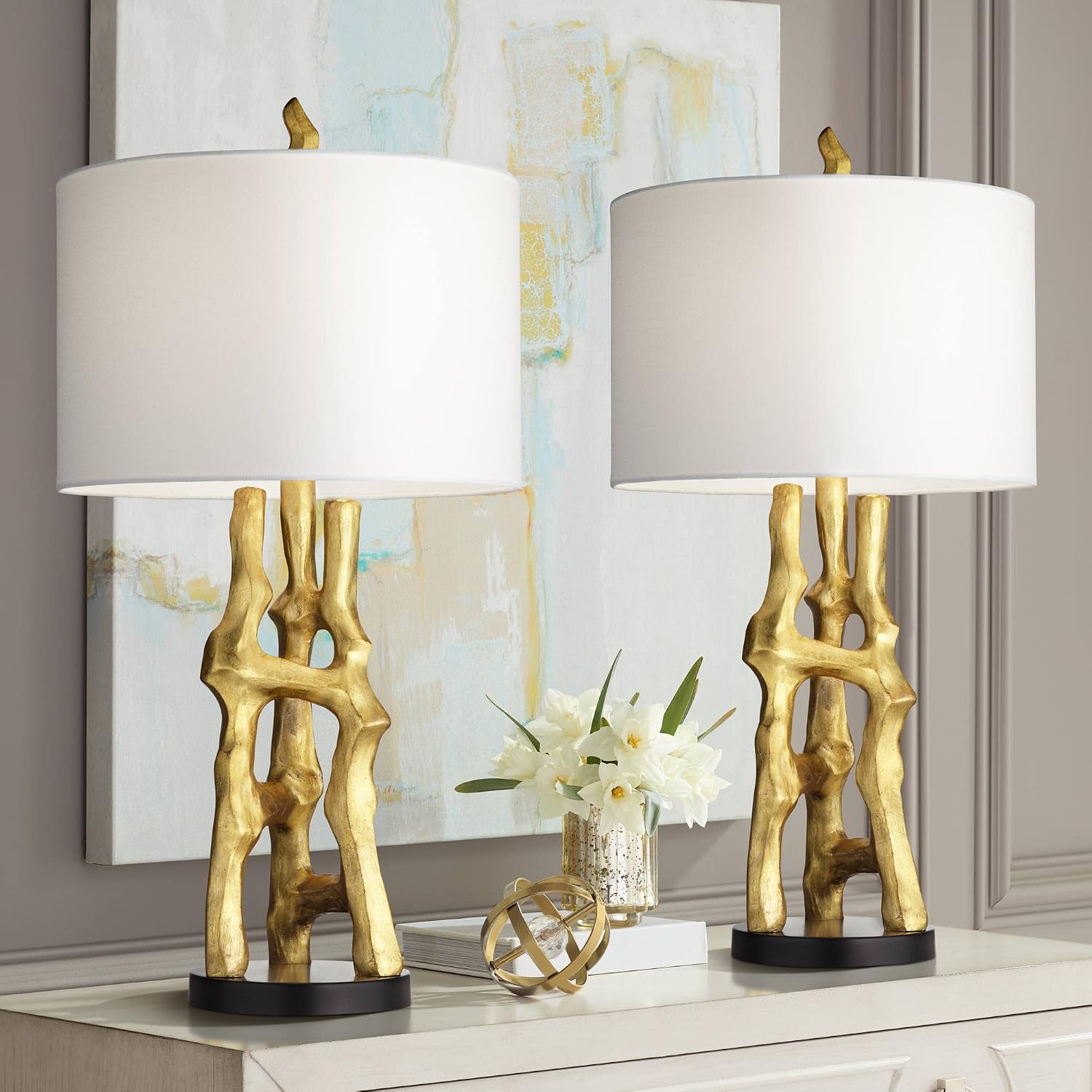 Possini Euro Design Organic Modern Table Lamps 29' Tall Set of 2 Sculptural Gold Bamboo Sculpture White Fabric Drum Shade Decor for Bedroom Living Family Room Bedside Nightstand House Home Office