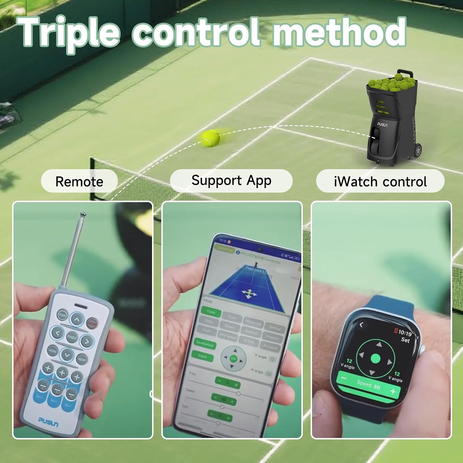 Tennis Ball Machine, Tennis Ball Launcher with App/Remote/iWatch Control, Max Speed of 75Mph, 1.8-8s/Ball, Multiple Training Modes(AI Drill/Programming/Random/Vary Speed) 4-6Hrs Battery Life