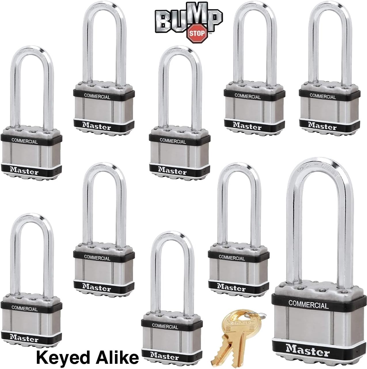 Master Lock Magnum Padlock - 2' W x 2-1/2'L Shackle, Ten (10) Keyed Alike Locks w/20 Keys, M5NKALJSTS-10 w/BumpStop Technology