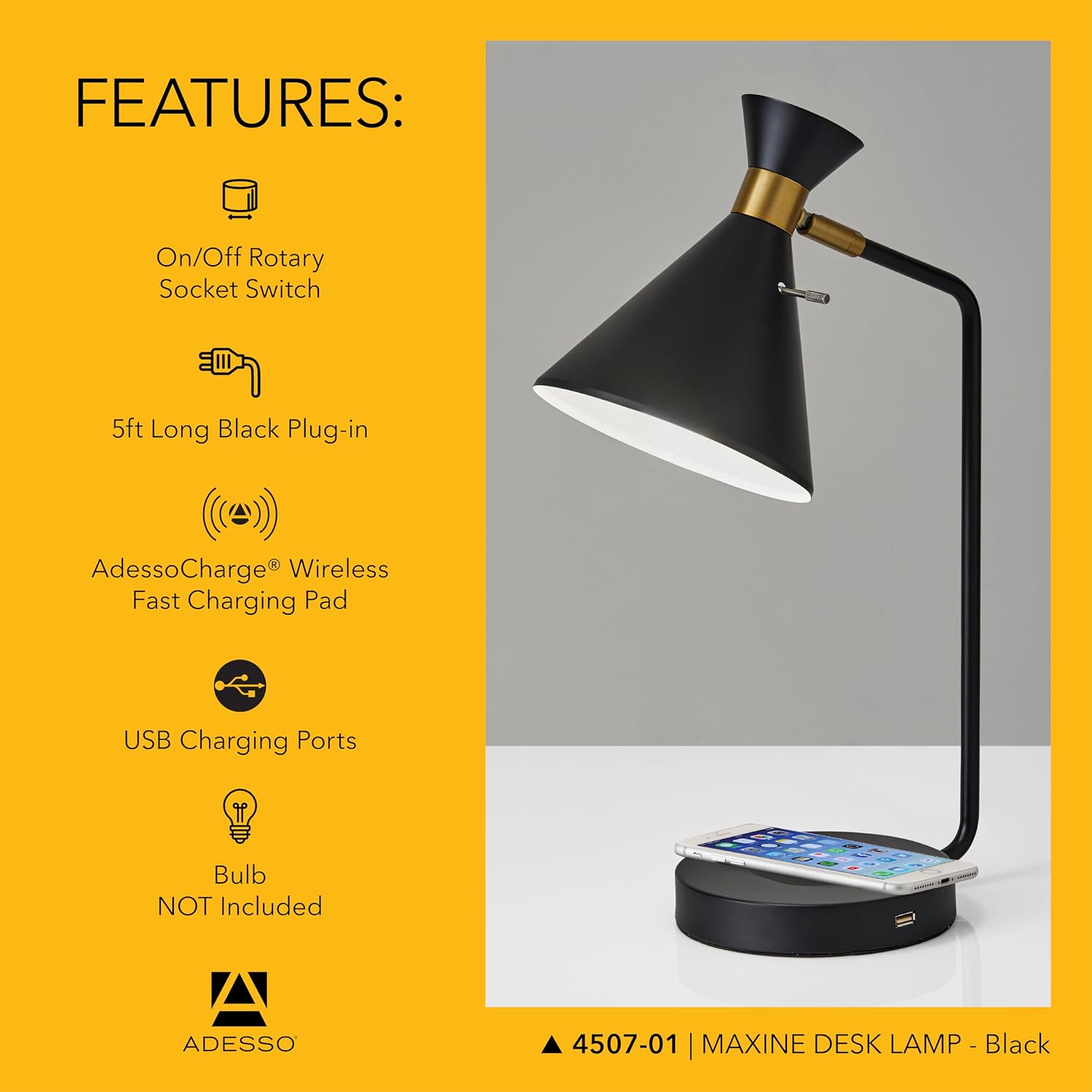 Adesso Desk Lamp – Qi Wireless Charging for Smartphones & USB Port, Adjustable Shade Black and Brass Lamp for Home Office, Dorm, Bedroom, 19' Tall
