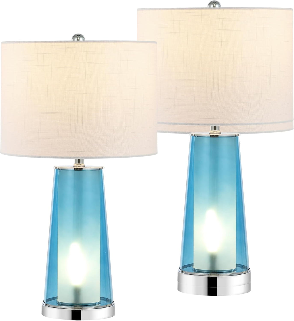 JONATHAN Y 26' Chrome/Clear Blue Nightlight Table Lamp Set of 2 for Bedroom, Modern Glass Desk Lamps with White Fabric Shade, Farmhouse Living Room Decor, LED Bulbs Included (JYL1137B-SET2)