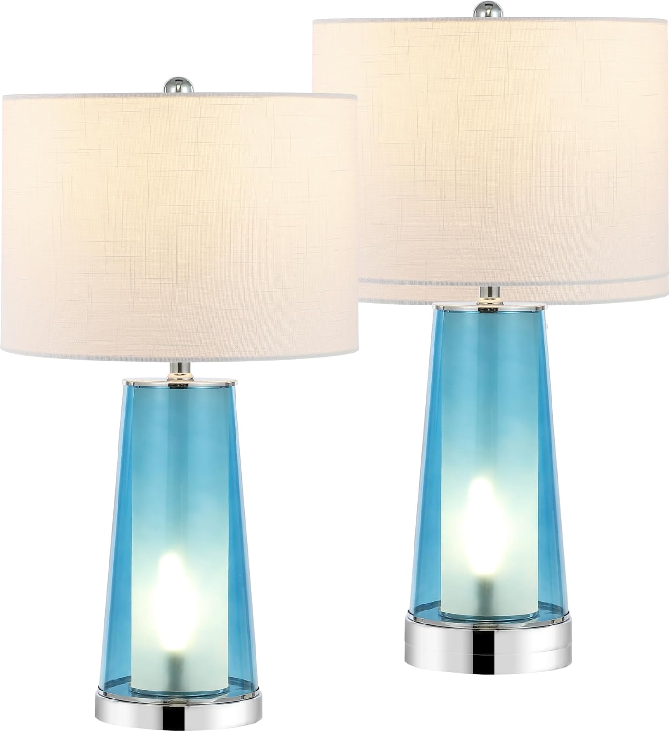 JONATHAN Y 26' Chrome/Clear Blue Nightlight Table Lamp Set of 2 for Bedroom, Modern Glass Desk Lamps with White Fabric Shade, Farmhouse Living Room Decor, LED Bulbs Included (JYL1137B-SET2)