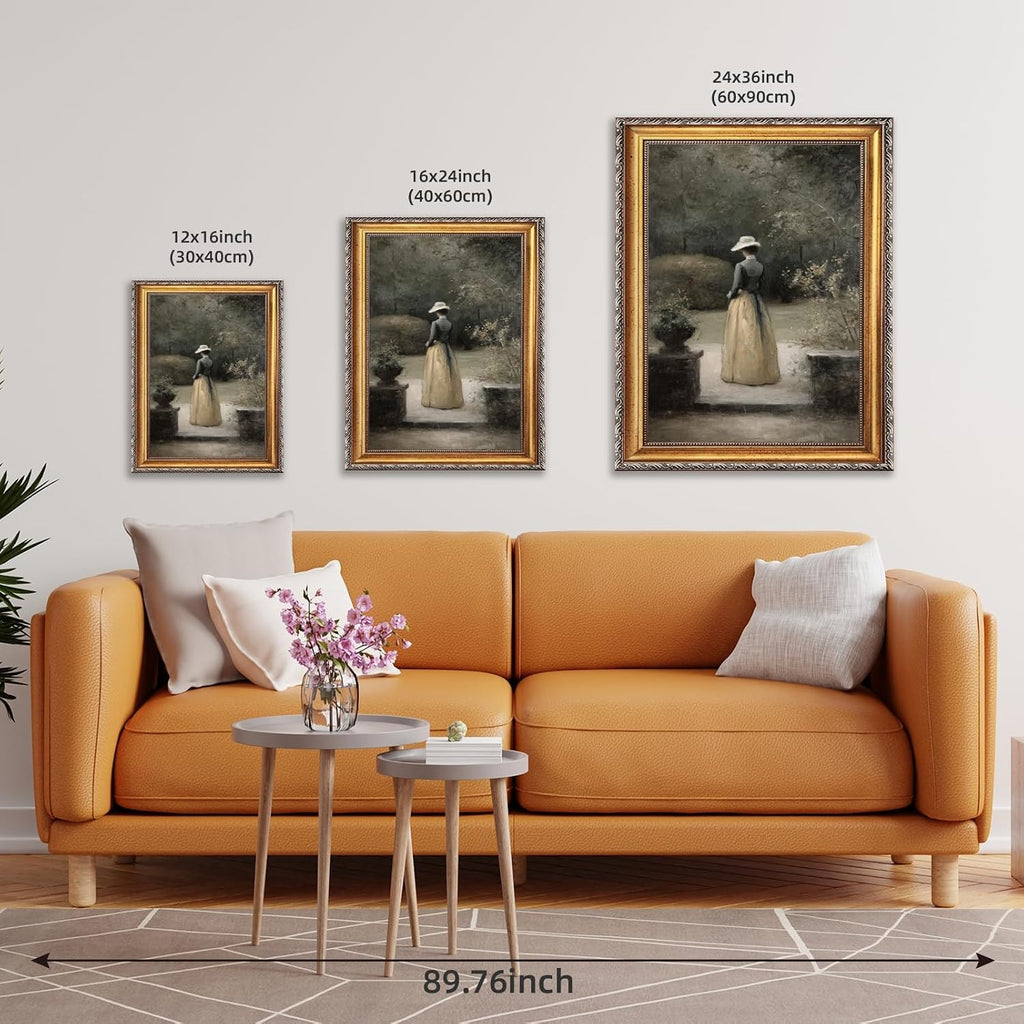 Large Framed Woman in Garden Oil Painting Poster Vintage Courtyard Female Canvas Wall Art Romantic European Victorian Lady Artwork Print Classic Cottage Decor for Bedroom Living Room 24x36inch