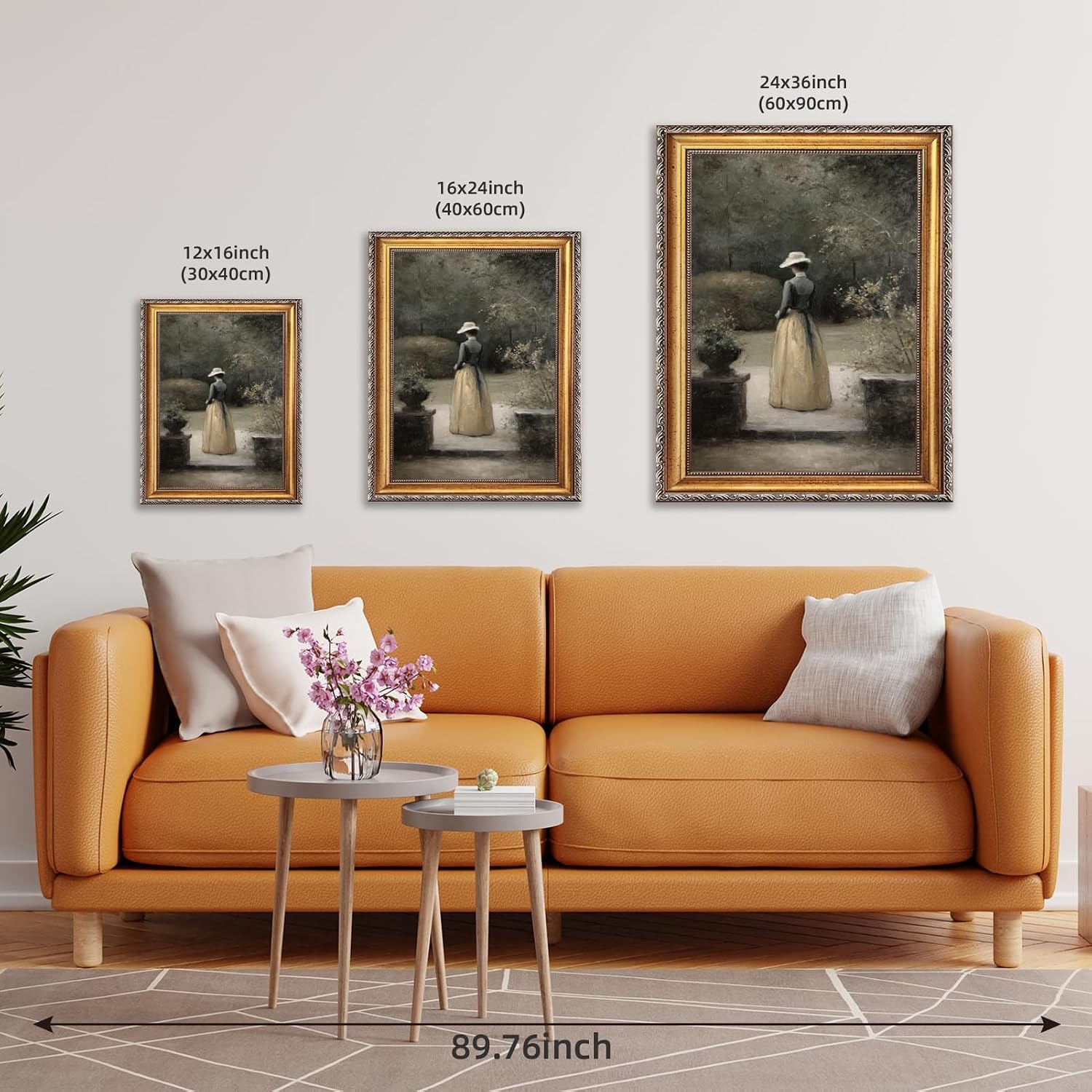 Large Framed Woman in Garden Oil Painting Poster Vintage Courtyard Female Canvas Wall Art Romantic European Victorian Lady Artwork Print Classic Cottage Decor for Bedroom Living Room 24x36inch