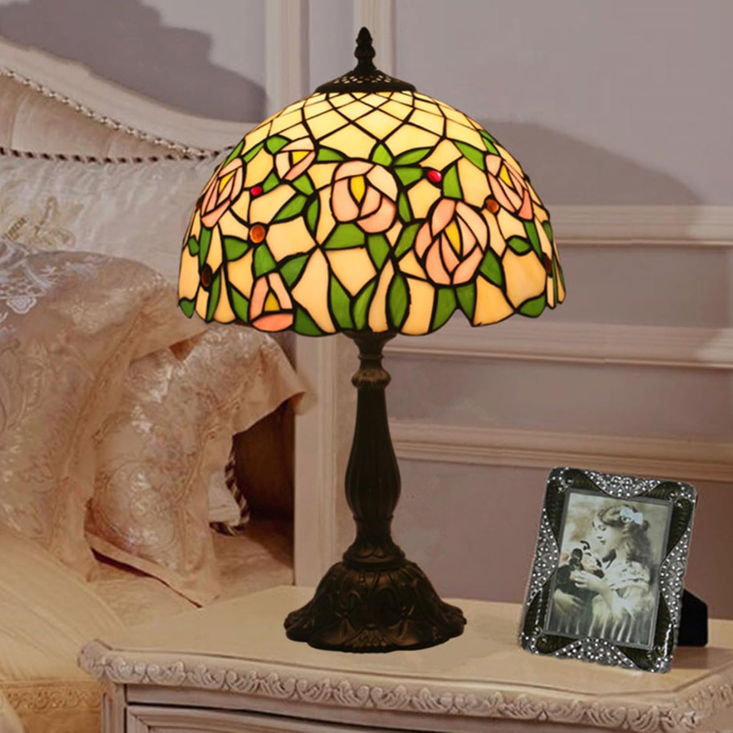 Tiffany Style 12 Inch Pastoral Stained Glass Table Lamp Green Leaves Tulip Rose Lamp Shade for Bedroom Bedside Living Room Restaurant,Light Pink