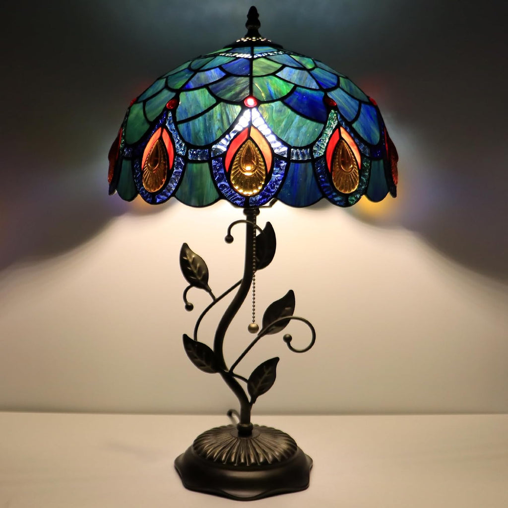 Tiffany Lamp Sea Blue Peacock Tail Style Stained Glass Table Lamp Desk Bedside Reading Light 12X12X19 Inches with Metal Leaf Base