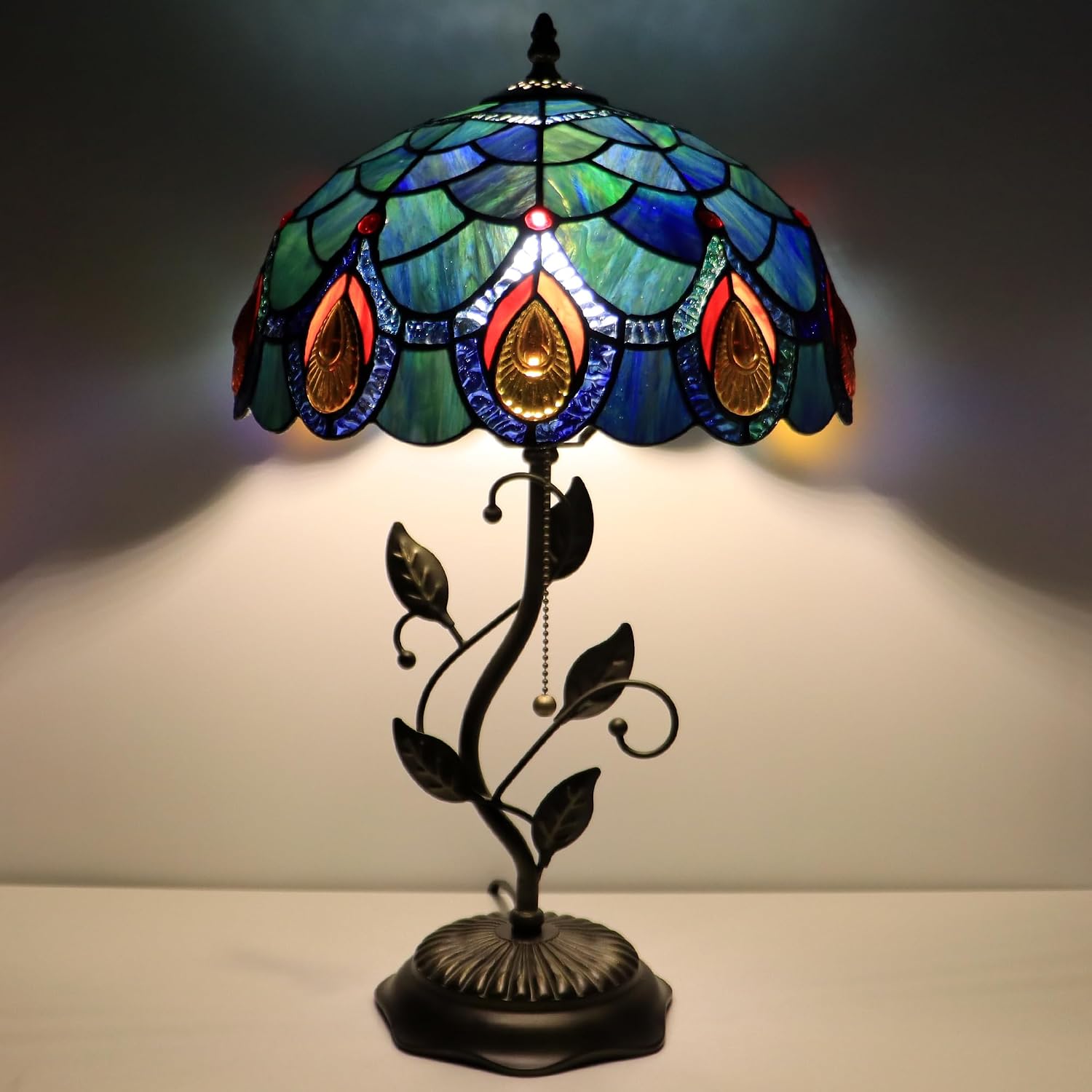 Tiffany Lamp Sea Blue Peacock Tail Style Stained Glass Table Lamp Desk Bedside Reading Light 12X12X19 Inches with Metal Leaf Base