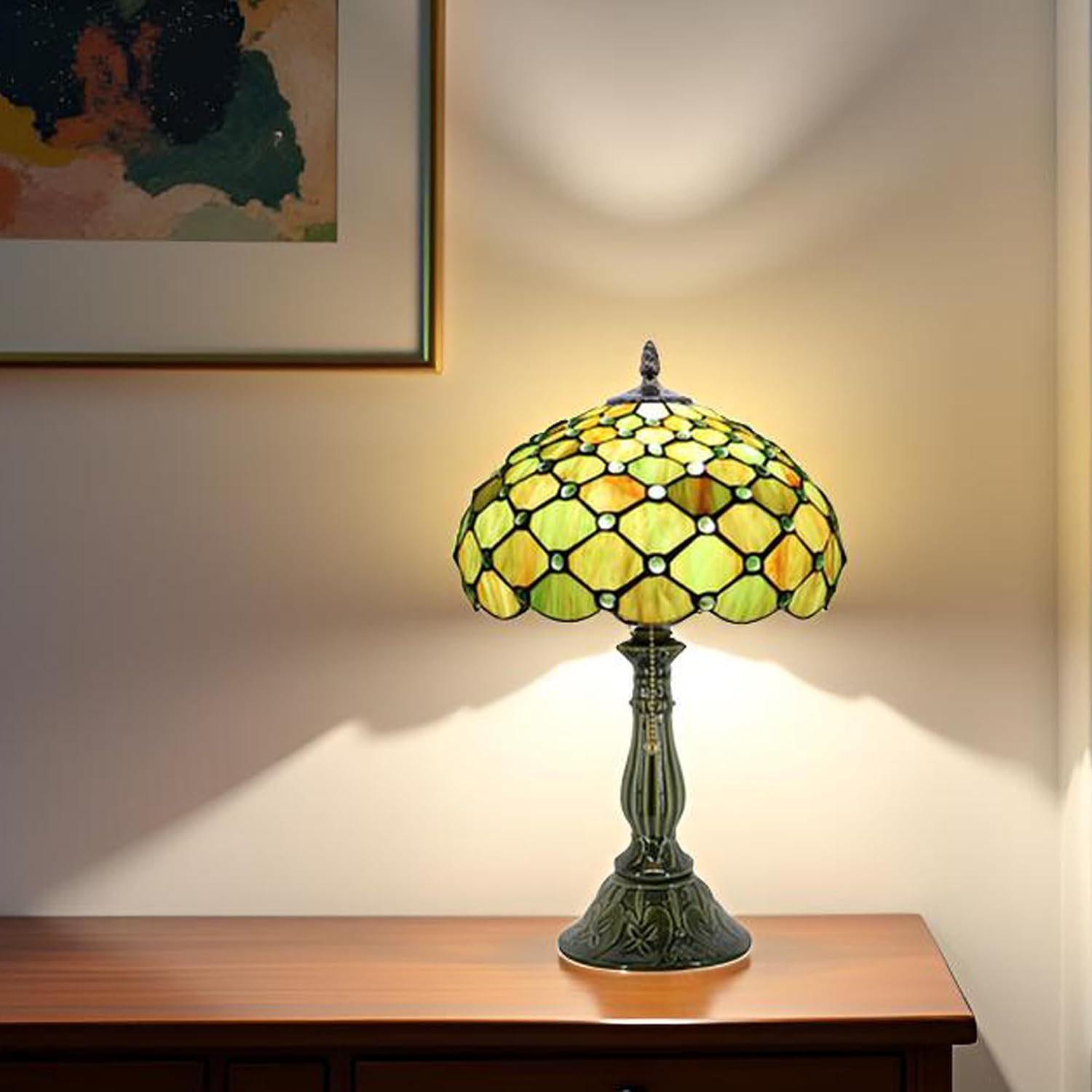Tiffany Lamp Stained Glass Table Lamps Brownish Green Pearl Style Desk Lamp 12X12X18.5 Inch Bronze Ceramic Base Reading Light Suitable for Bedside Bedroom Living Room Dining Room Office