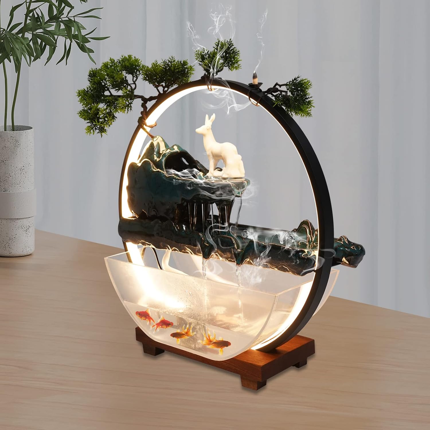 17Inch Mini Fish Tank Tabletop Decoration Indoor Waterfall Fountains Humidifier with LED Light and Atomizer Mist, Water Fountain Japanese Zen Decor Meditation Fake Plants Bonsai Gift