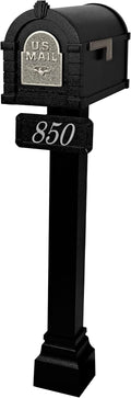 Gaines - Keystone Standard Post and Mailbox Package with Personalized Address Plaque and Decorative Cuff (Black with Satin Nickel Eagle)
