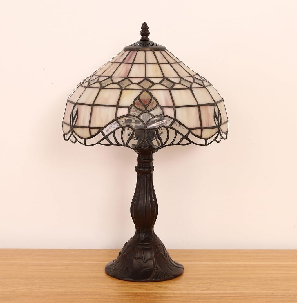 Tiffany Vintage Table Lamp,Pink Baroque Stained Glass Vintage Lamps,Bedside Nightstand Lamps for Bedroom,Living Room,Home Office Desk Lamp,LED 3 Color Temperatures Bulb,12X12X19Inch