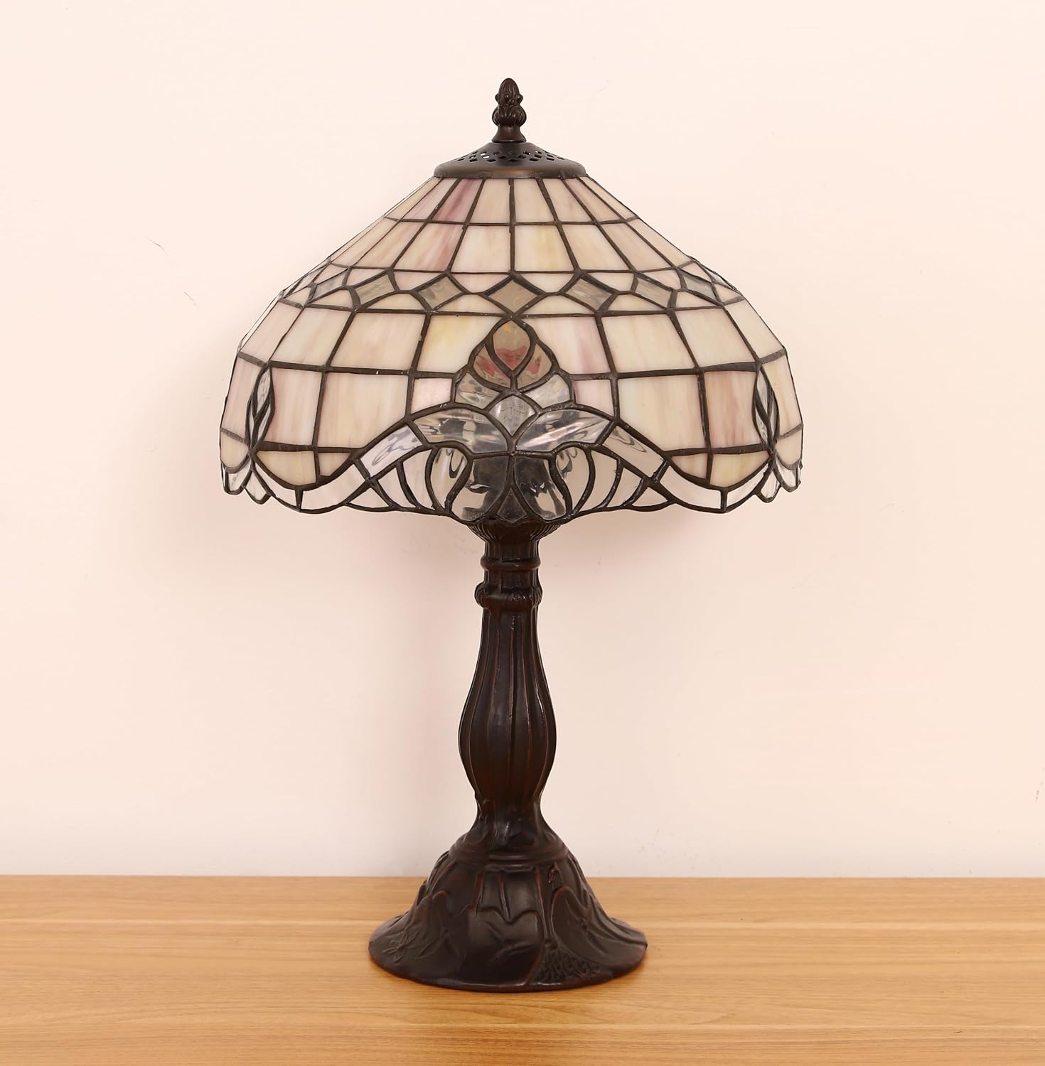 Tiffany Vintage Table Lamp,Pink Baroque Stained Glass Vintage Lamps,Bedside Nightstand Lamps for Bedroom,Living Room,Home Office Desk Lamp,LED 3 Color Temperatures Bulb,12X12X19Inch