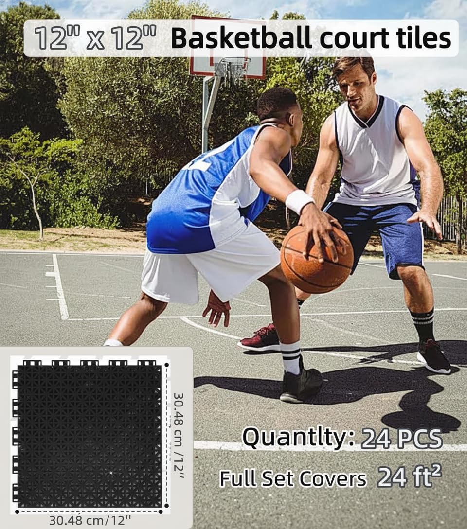 jxgzyy 24 PCS Interlocking Basketball Court Tiles, Black | Non Slip, PP, Drainage Mat, for Tennis, Garage, Load Bearing Capacity of 4409