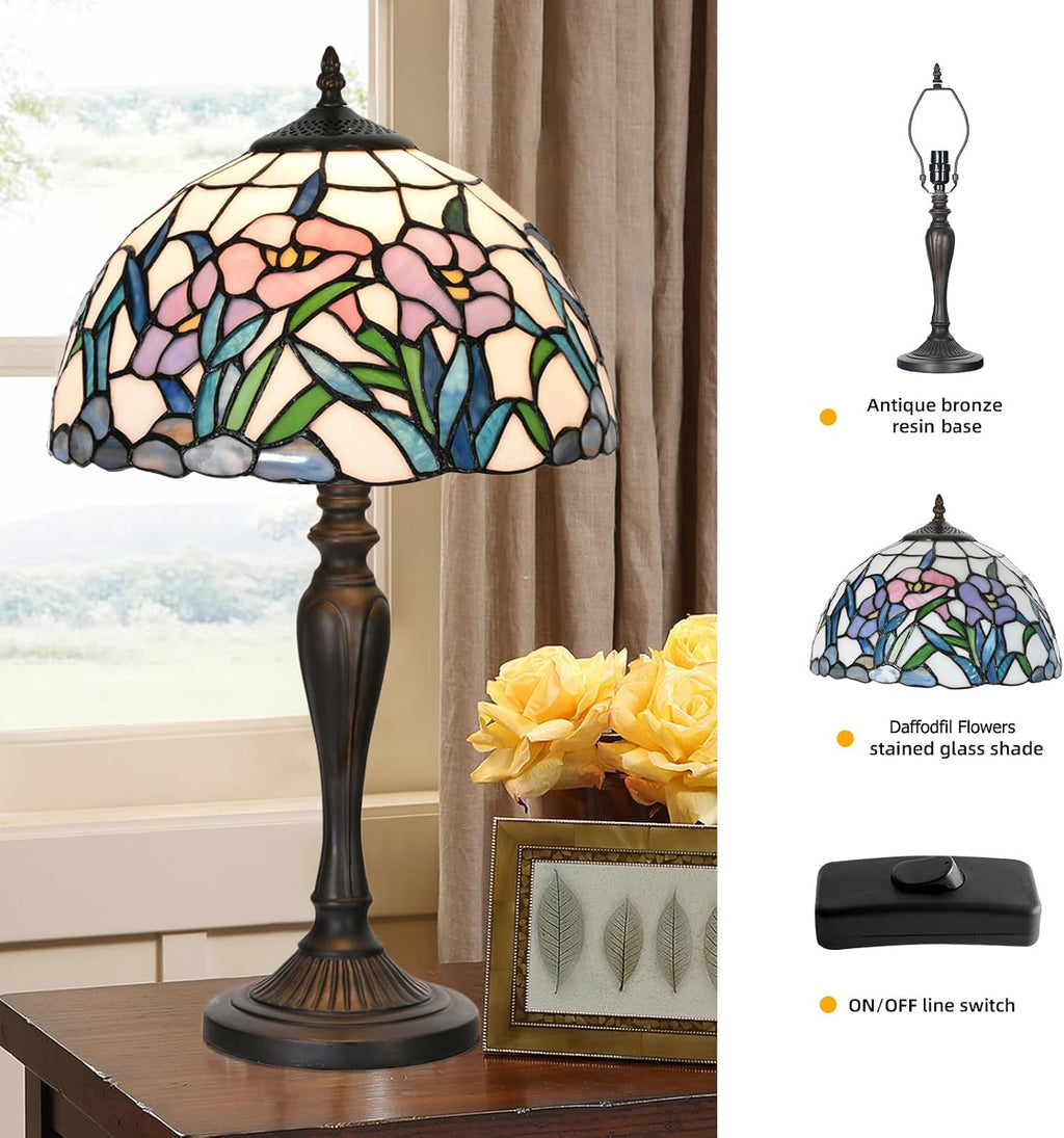 TL0004 Tiffany Table Lamp Stained Glass Bedside Lamp Daffodfil Flowers Design Reading Desk Light 12X21.5 Inches for Bedroom Living Room Home Office, lED Bulb Included