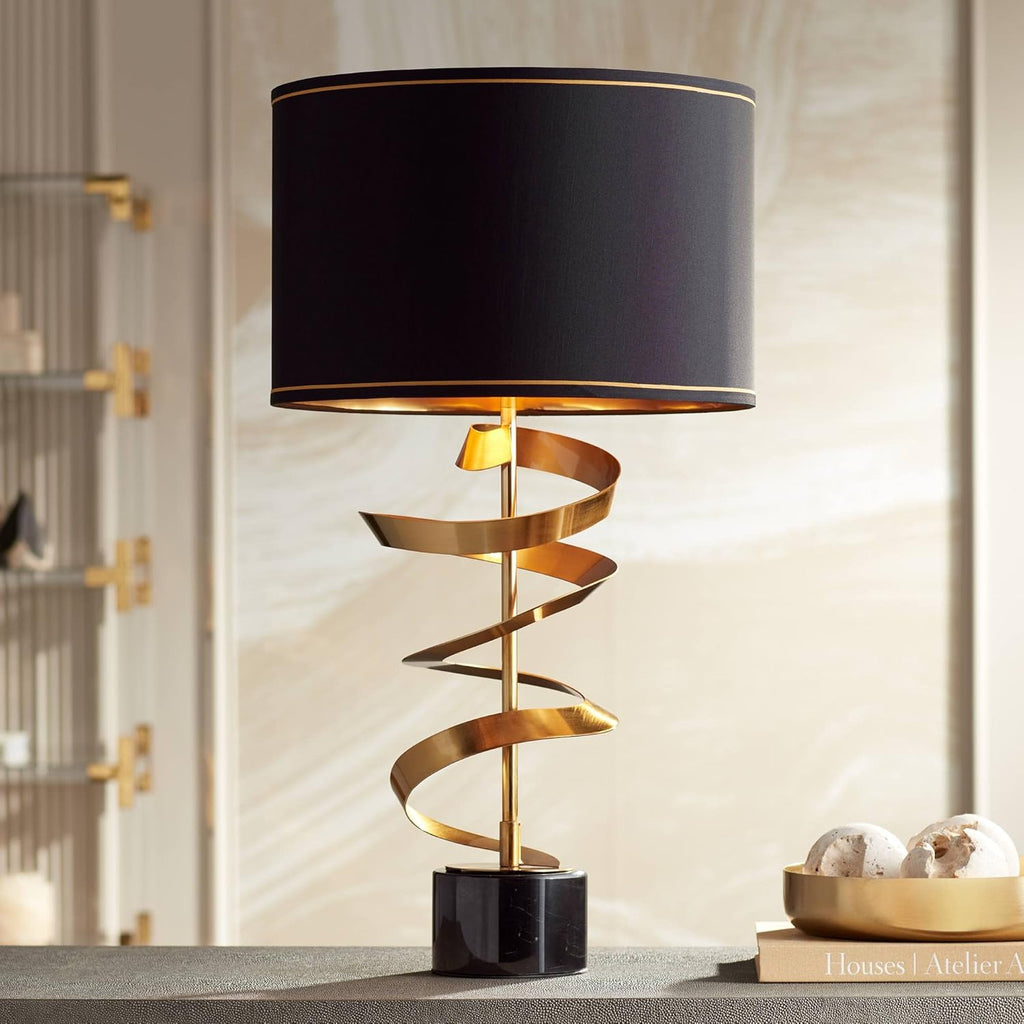 Possini Euro Design Twist Modern Table Lamp 31' Tall Sculptural Brass Gold Metal Marble Black Drum Shade with Gold Liner Decor Bedroom Living Room Nightstand Bedside Night Stand Office Kids Room