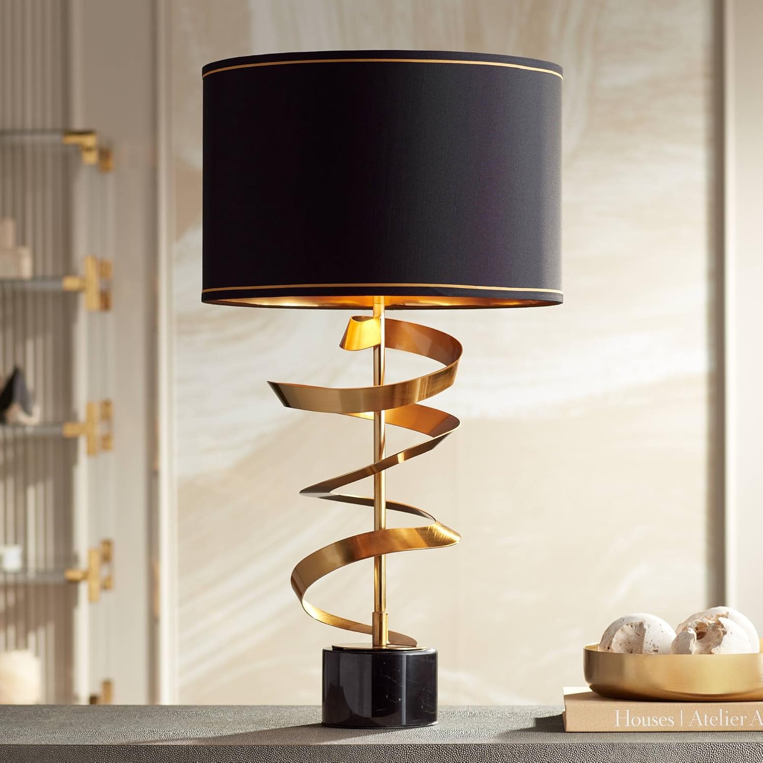 Possini Euro Design Twist Modern Table Lamp 31' Tall Sculptural Brass Gold Metal Marble Black Drum Shade with Gold Liner Decor Bedroom Living Room Nightstand Bedside Night Stand Office Kids Room