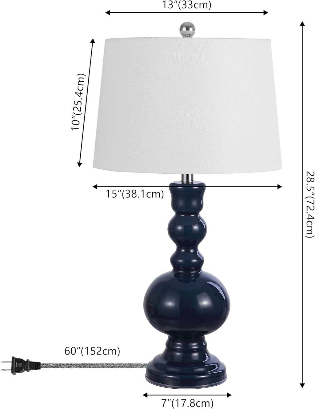 JONATHAN Y 28.5' Navy Glass Table Lamp Set of 2 for Living Room Bedroom Decor, Modern Bedside Lamps with White Linen Shade, LED Bulbs Included (JYL1061E-SET2)