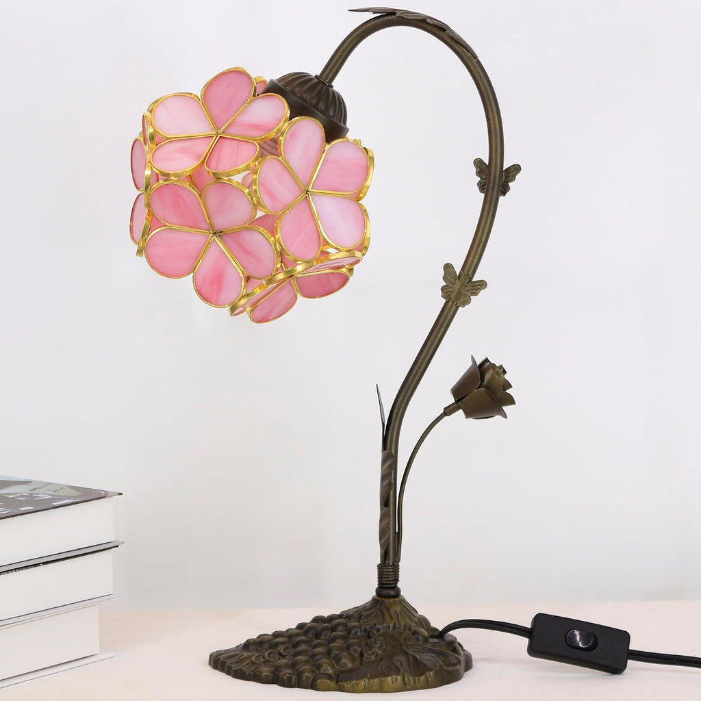 Tiffany Lamp Stained Glass Pink Small Flower Petal Table Lamp with Metal Leaf Resin Base 10X6X16 Inches Desk Reading Light