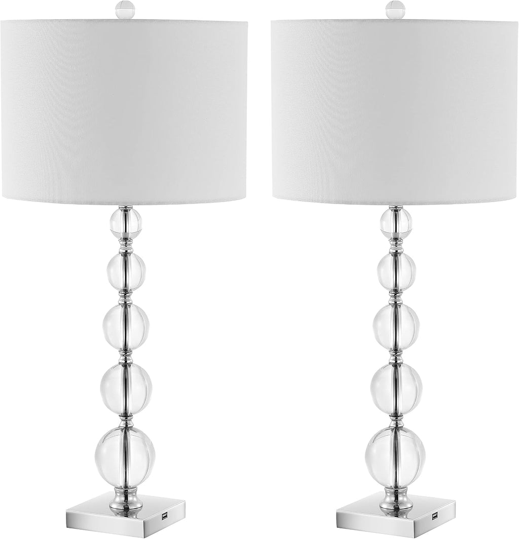 SAFAVIEH Lighting Collection – Set of 2 Liam Stacked Crystal Ball 29-Inch Table Lamps with USB Ports, LED Bulbs Included, Bedroom Living Room Home Office (LIT4112A-SET2-U)