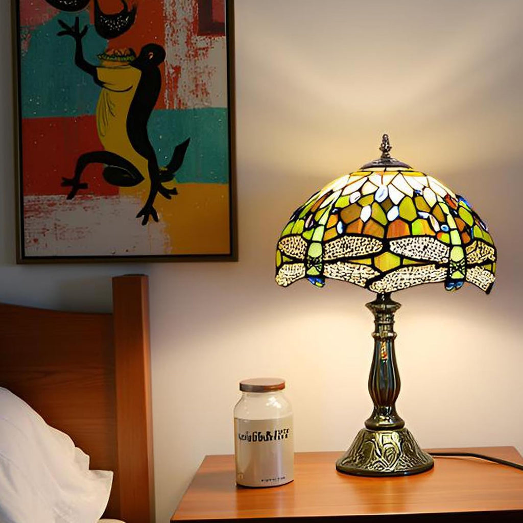 Tiffany Lamp Stained Glass Table Lamps Amber White Dragonfly Style Desk Lamp 12X12X18.5 Inch Bronze Ceramic Base Reading Light Suitable for Bedside Bedroom Living Room Dining Room Office