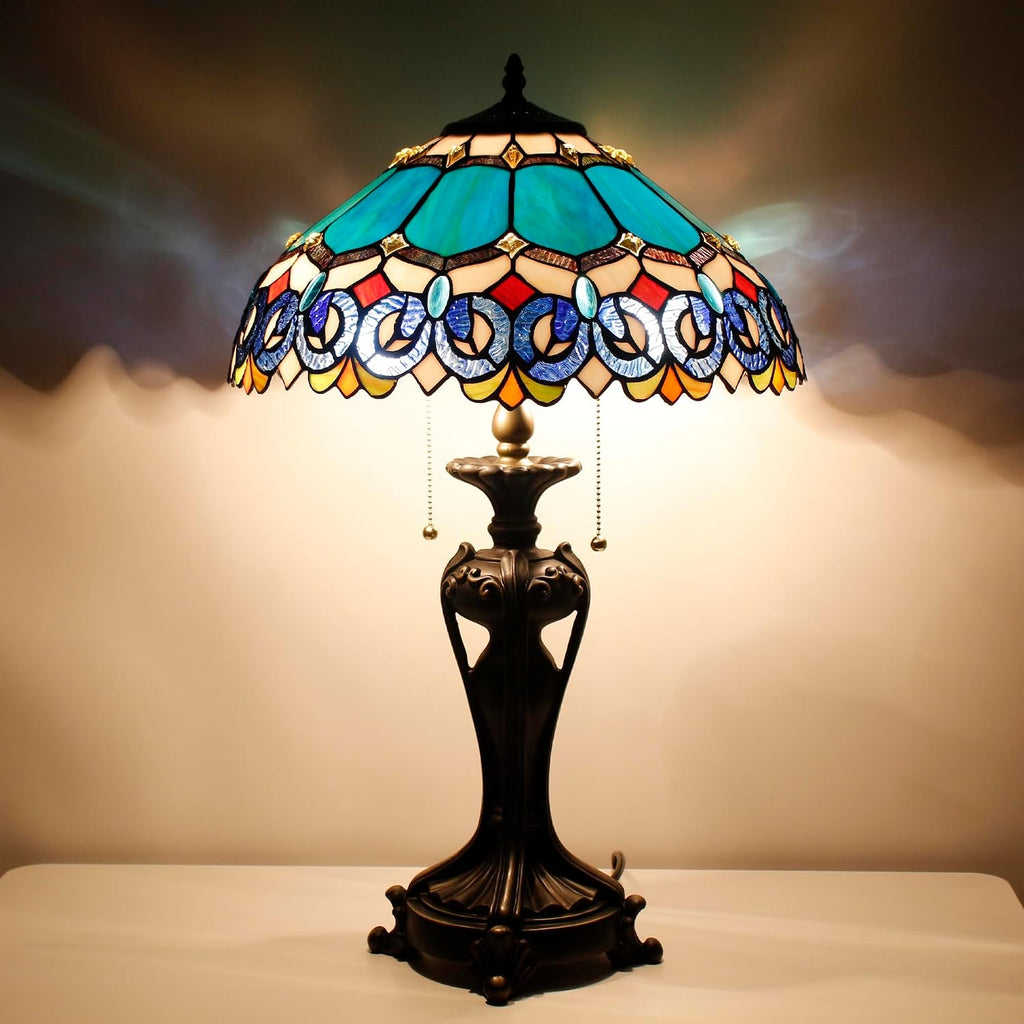 Tiffany Lamp(2 Lights) Stained Glass Table Lamp Bedside Desk Reading Light 16X16X24 Inch Decor Bedroom Living Room Home Office (Blue Baroque)