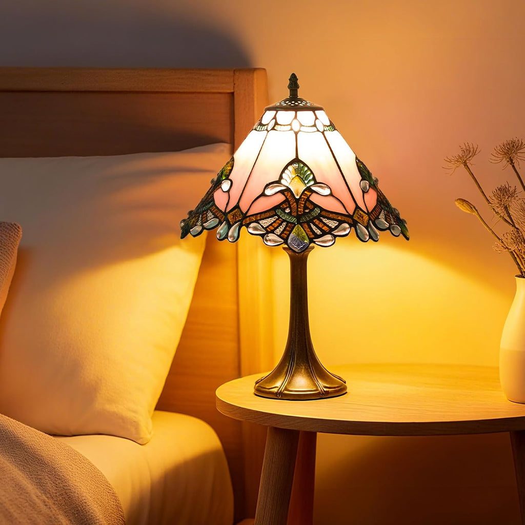 12 Inch Baroque Style Tiffany Table Lamp, Vintage Stained Glass Desk Lamp with Remote Control, 3 Color Temperature & Brightness Level for Office Home Bedroom Living (Pink)
