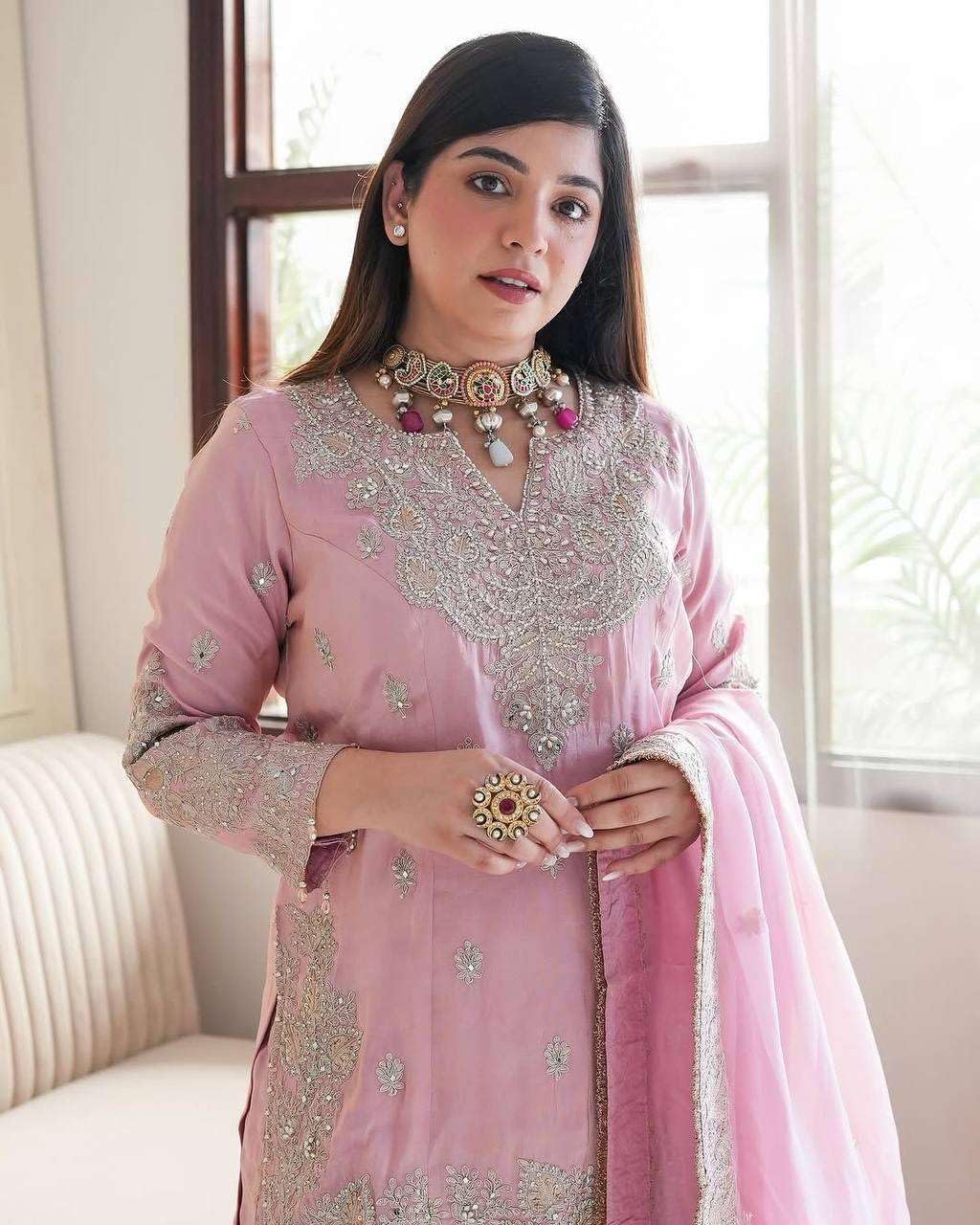 Women's Chinon Silk Embroidered Kurti With Sharara & Dupatta Set with Rivet Moti Work