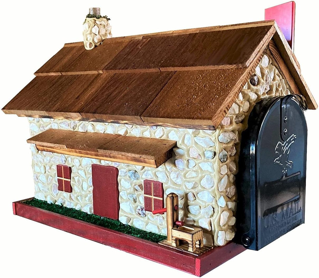 Stone House Wooden Mailbox Cedar Roof Red Trim Amish Made in USA
