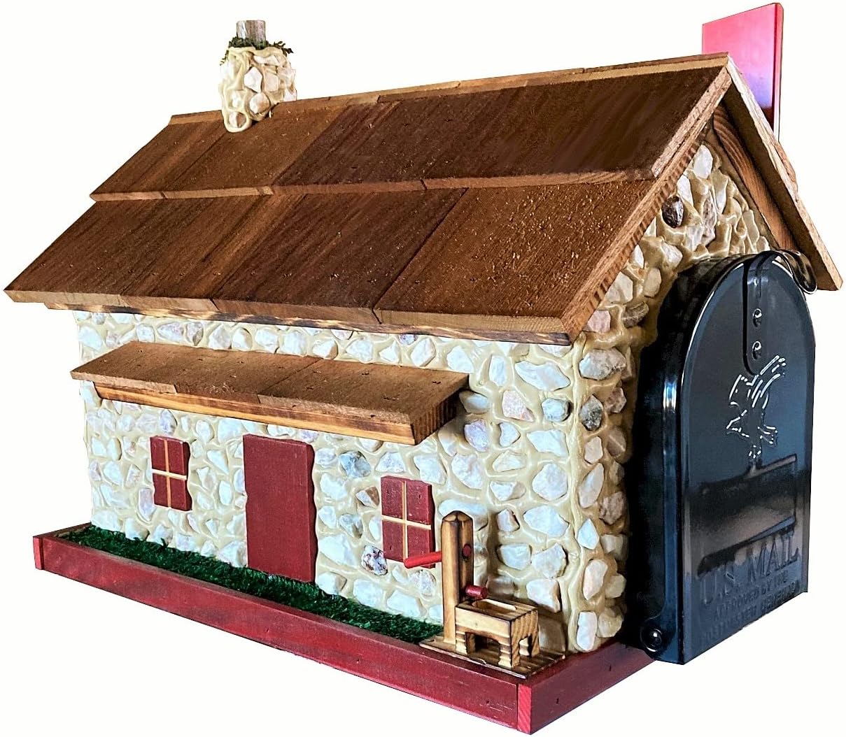 Stone House Wooden Mailbox Cedar Roof Red Trim Amish Made in USA