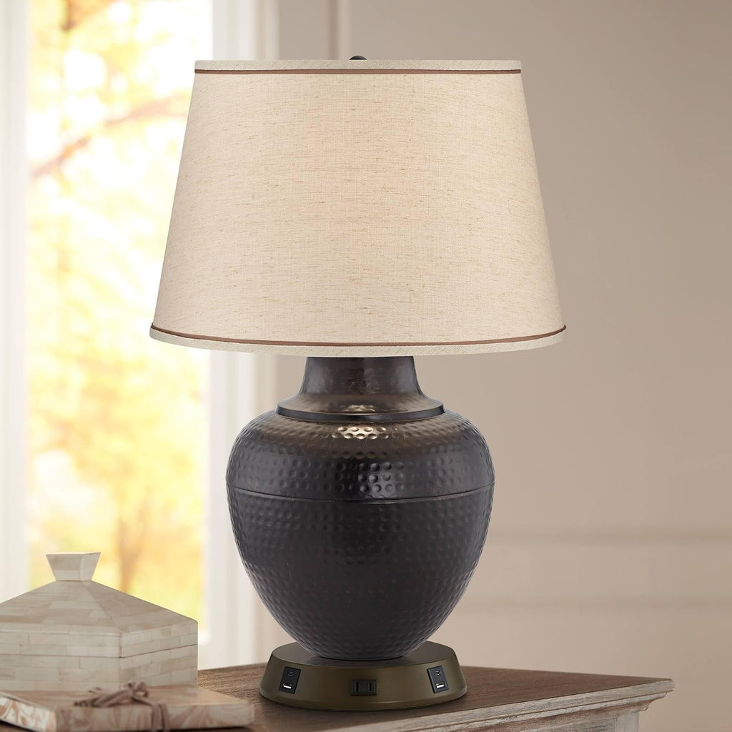 Barnes and Ivy Brighton Rustic Farmhouse Table Lamp 27 1/4' Tall with USB and AC Power Outlet in Base Bronze Hammered Pot Beige Drum Shade for Bedroom Living Room House Home Bedside Nightstand