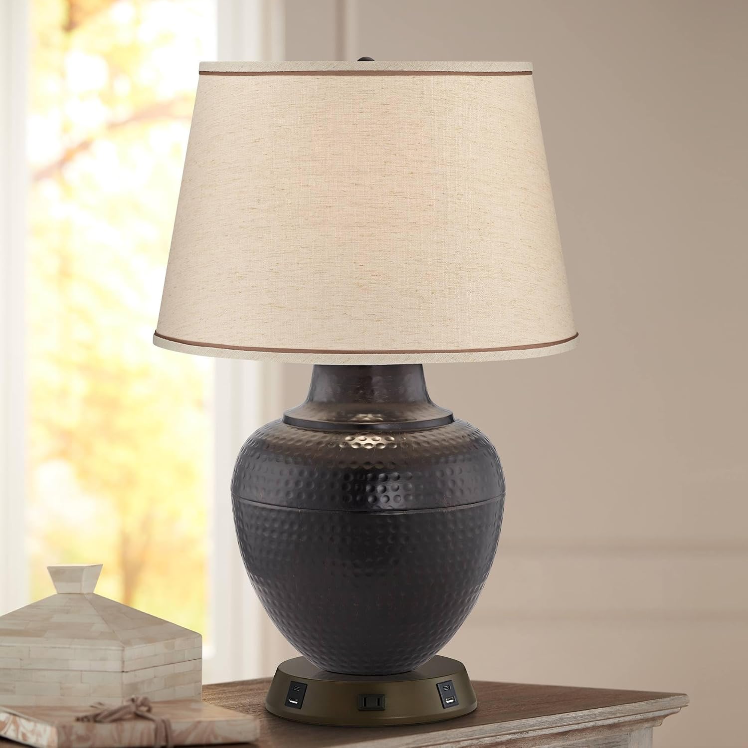 Barnes and Ivy Brighton Rustic Farmhouse Table Lamp 27 1/4' Tall with USB and AC Power Outlet in Base Bronze Hammered Pot Beige Drum Shade for Bedroom Living Room House Home Bedside Nightstand