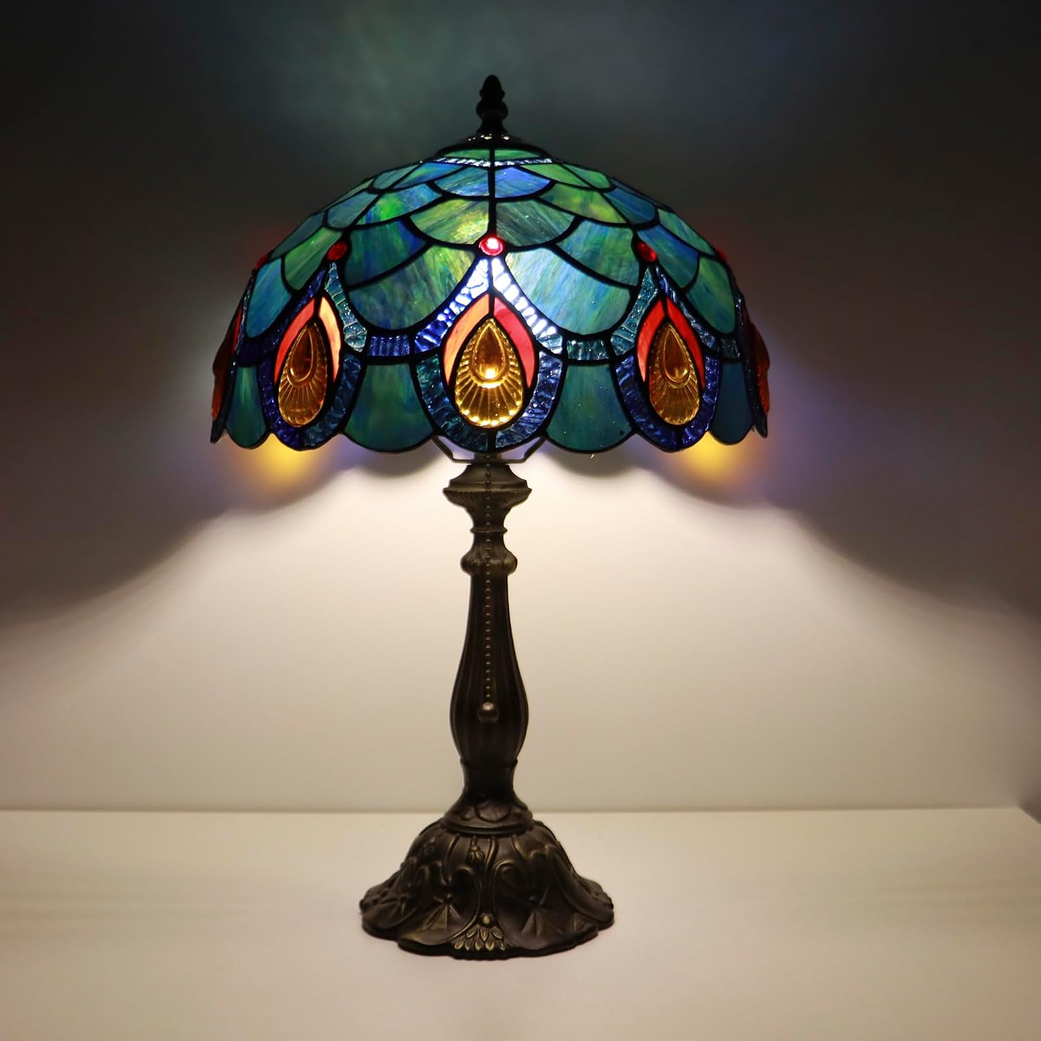Tiffany Lamps Blue Peacock Tail Style Stained Glass Table Lamp Desk Bedside Reading Light 12X12X18.5 Inches with Bronze Resin Base Applicable to Bedroom Living Room Office