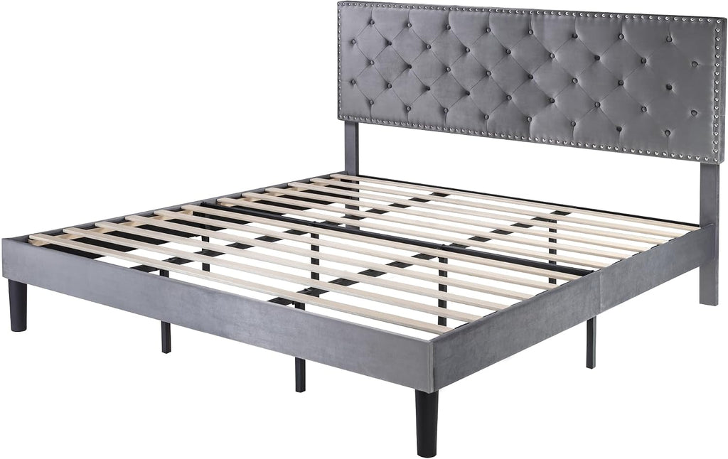 SHA CERLIN King Size Velvet Bed Frame with Adjustable Headboard, Diamond Button Tufted and Rivet Decor, No Box Spring Needed, Silver Grey
