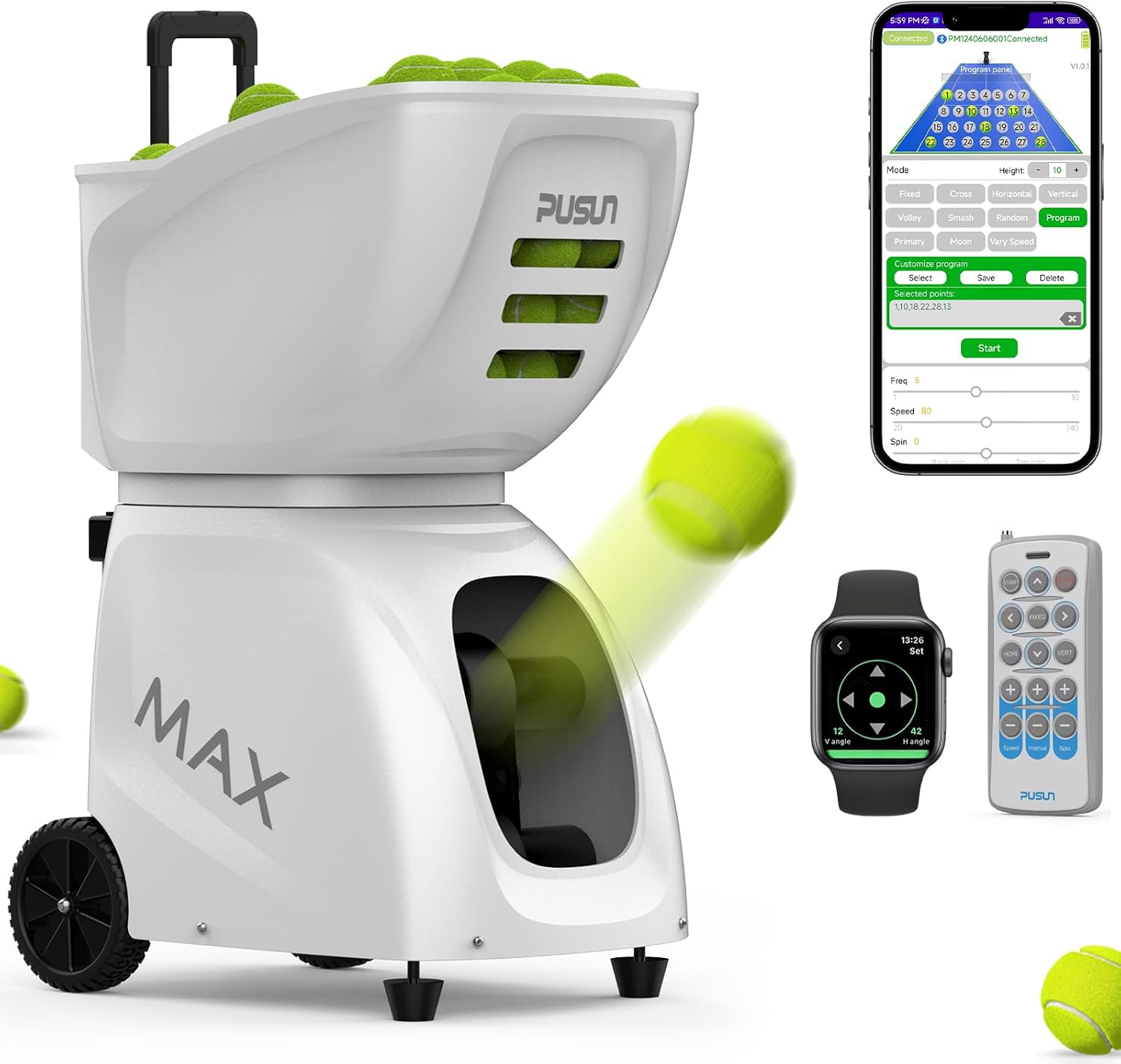 PT-MAX C Professional Smart Tennis Ball Machine | APP Controlled 28-Point Programming | 5-7Hr Ultra Battery | 20-140km/h Variable Speed | 150 Ball Capacity | Portable Training Solution