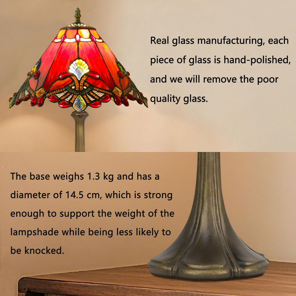 12 Inch Baroque Style Tiffany Table Lamp, Vintage Stained Glass Desk Lamp with Remote Control, 3 Color Temperature & Brightness Level for Office Home Bedroom Living (Red)